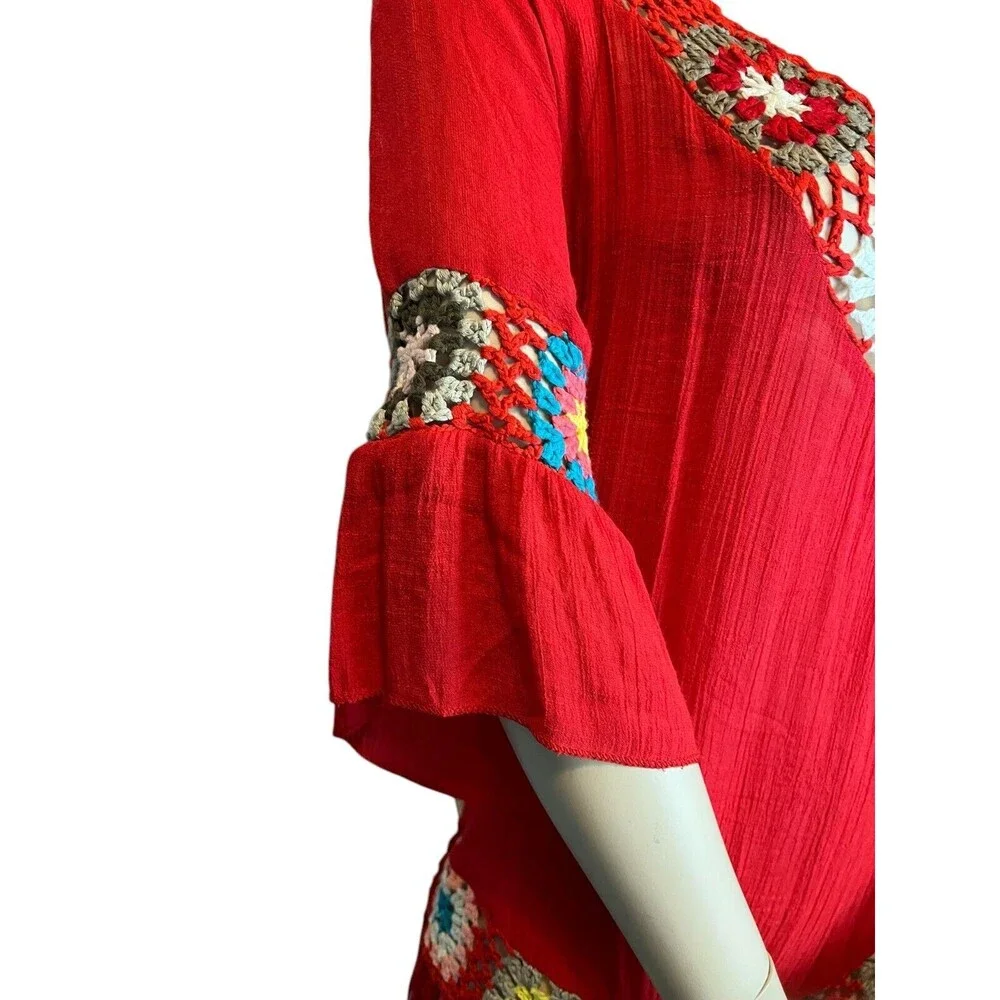 Dasayo Boho V-Neck Red Crochet Trim Swim Cover-up Size M Boho Grandmacore